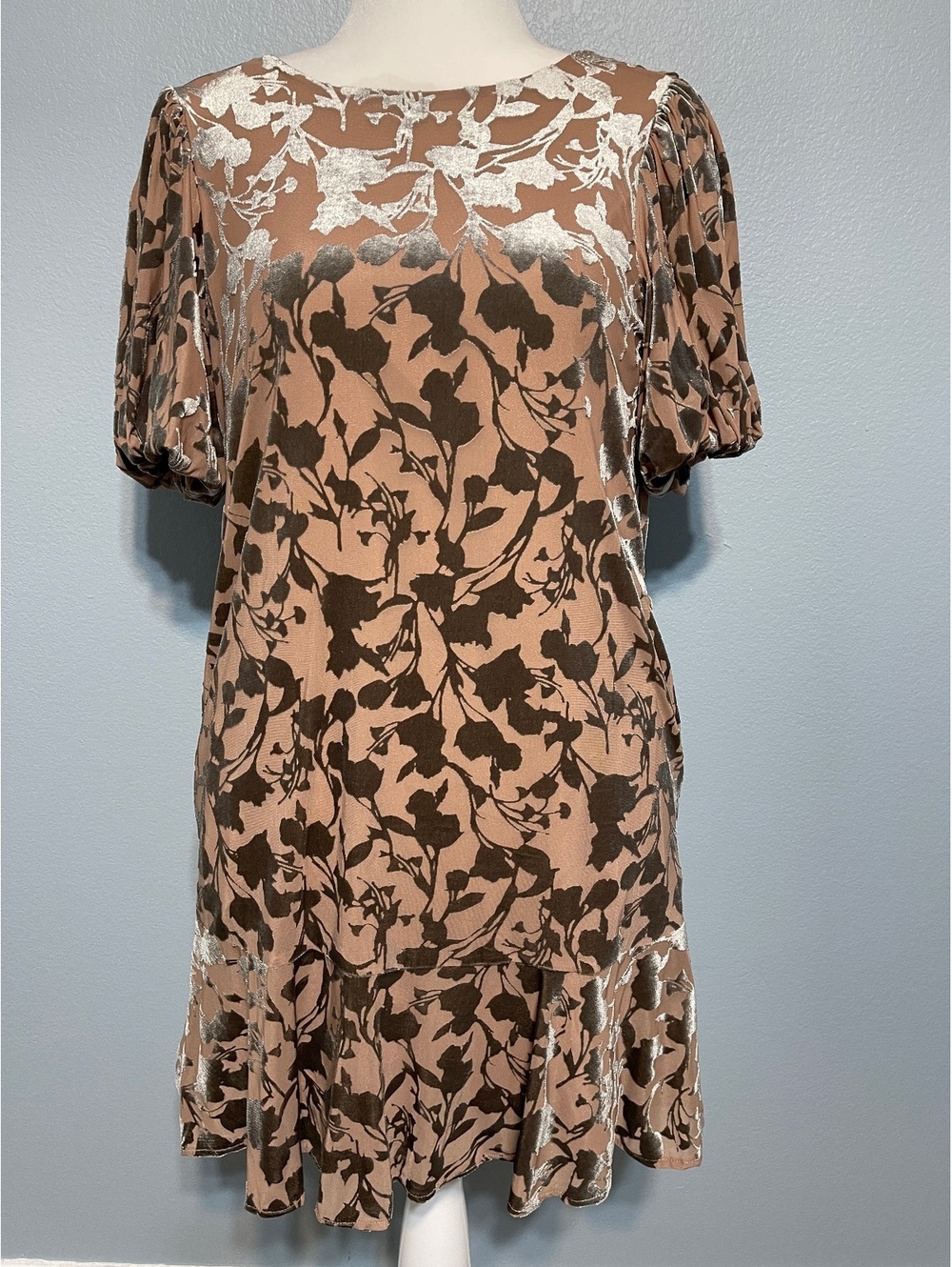 THML Brown Velvet Floral Dress Puff Sleeve Ruffle Hem Whimsigoth Romantic Medium